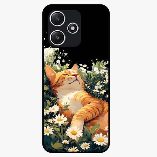 Blissful Bloom Cat Glass Case showing flat back view with cute cat and floral bloom artwork and glossy glass finish.