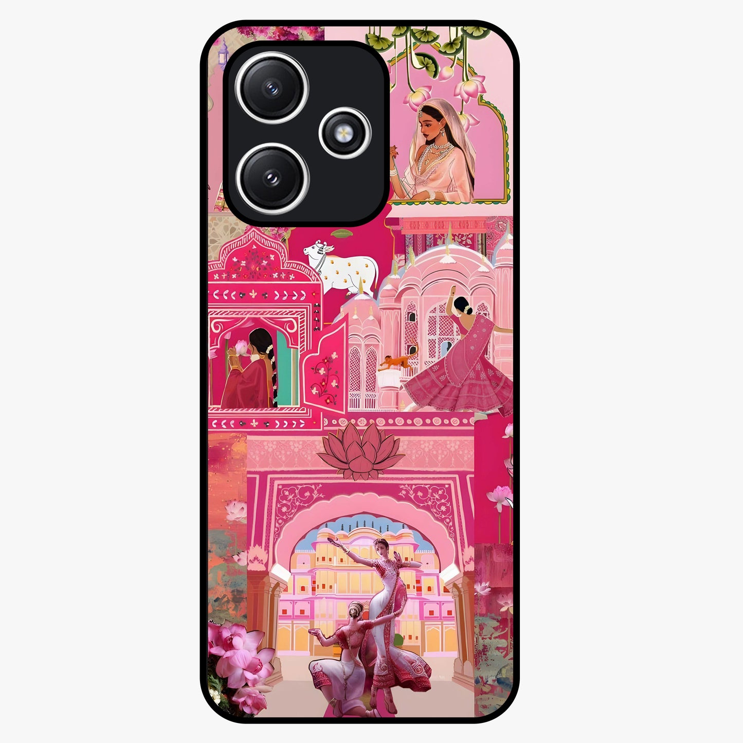 Blossoms of Rajasthan Glass Case showing flat back view with traditional floral artwork inspired by Rajasthan and glossy glass finish.
