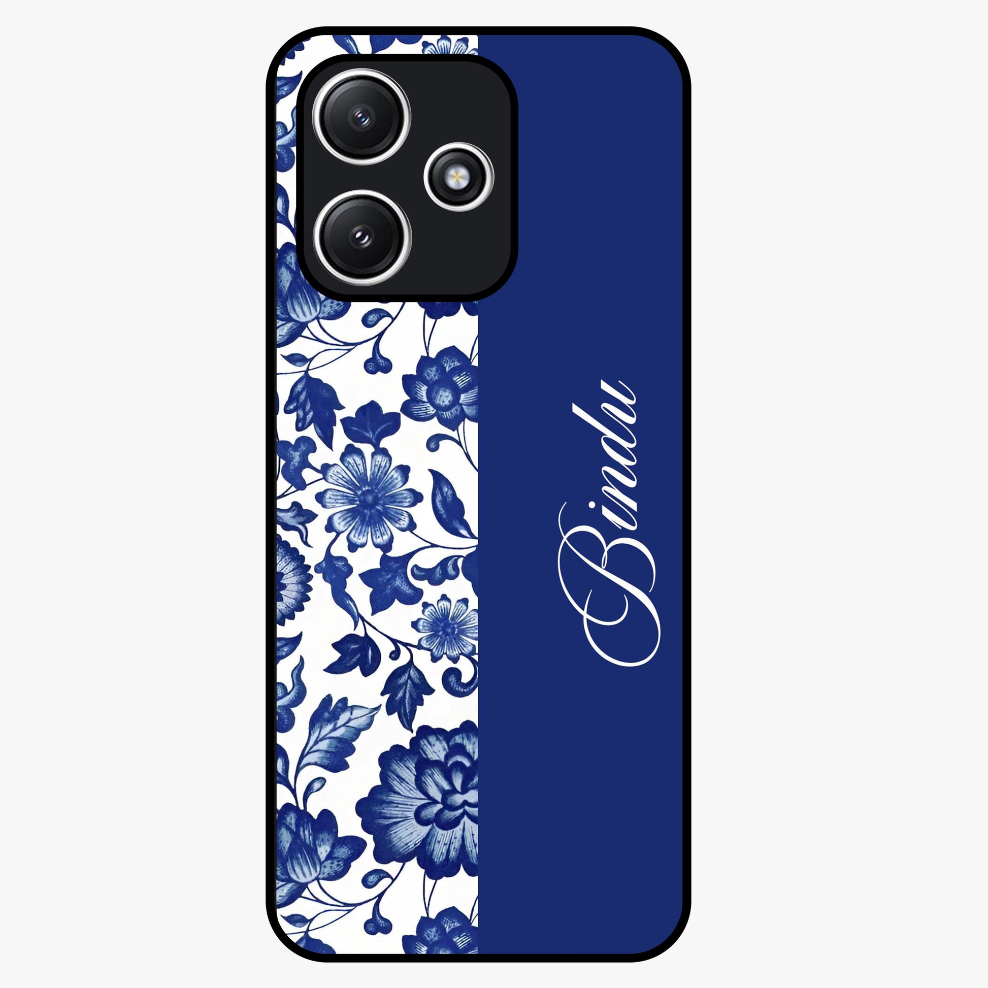 Blue Vintage Floral Pattern Glass Case upright view showcasing timeless floral illustration with vintage inspired style.