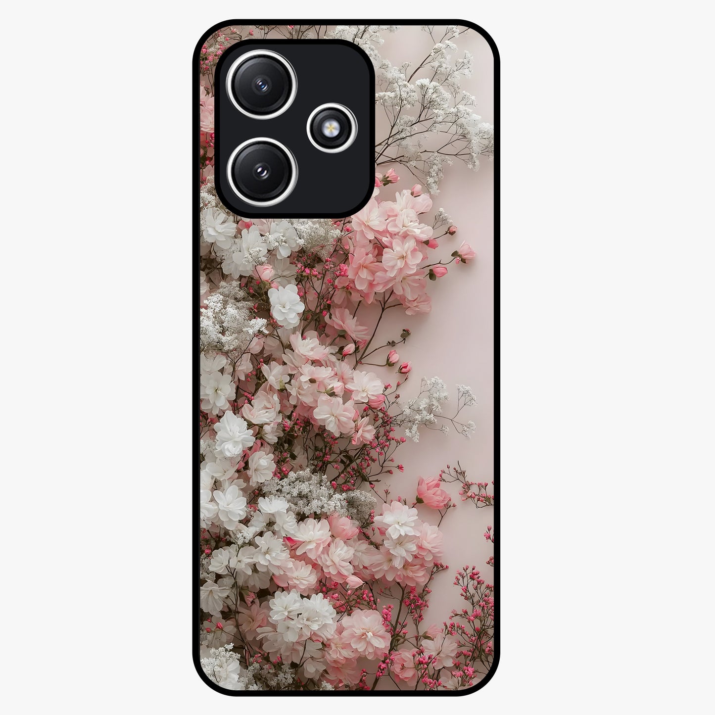 Blush Blossom Cloud Glass Case showing flat back view with dreamy blush cloud blossom artwork and glossy glass finish.