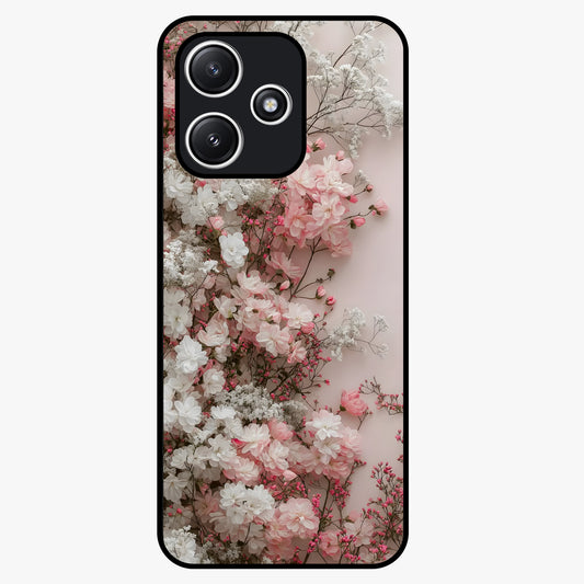 Blush Blossom Cloud Glass Case showing flat back view with dreamy blush cloud blossom artwork and glossy glass finish.