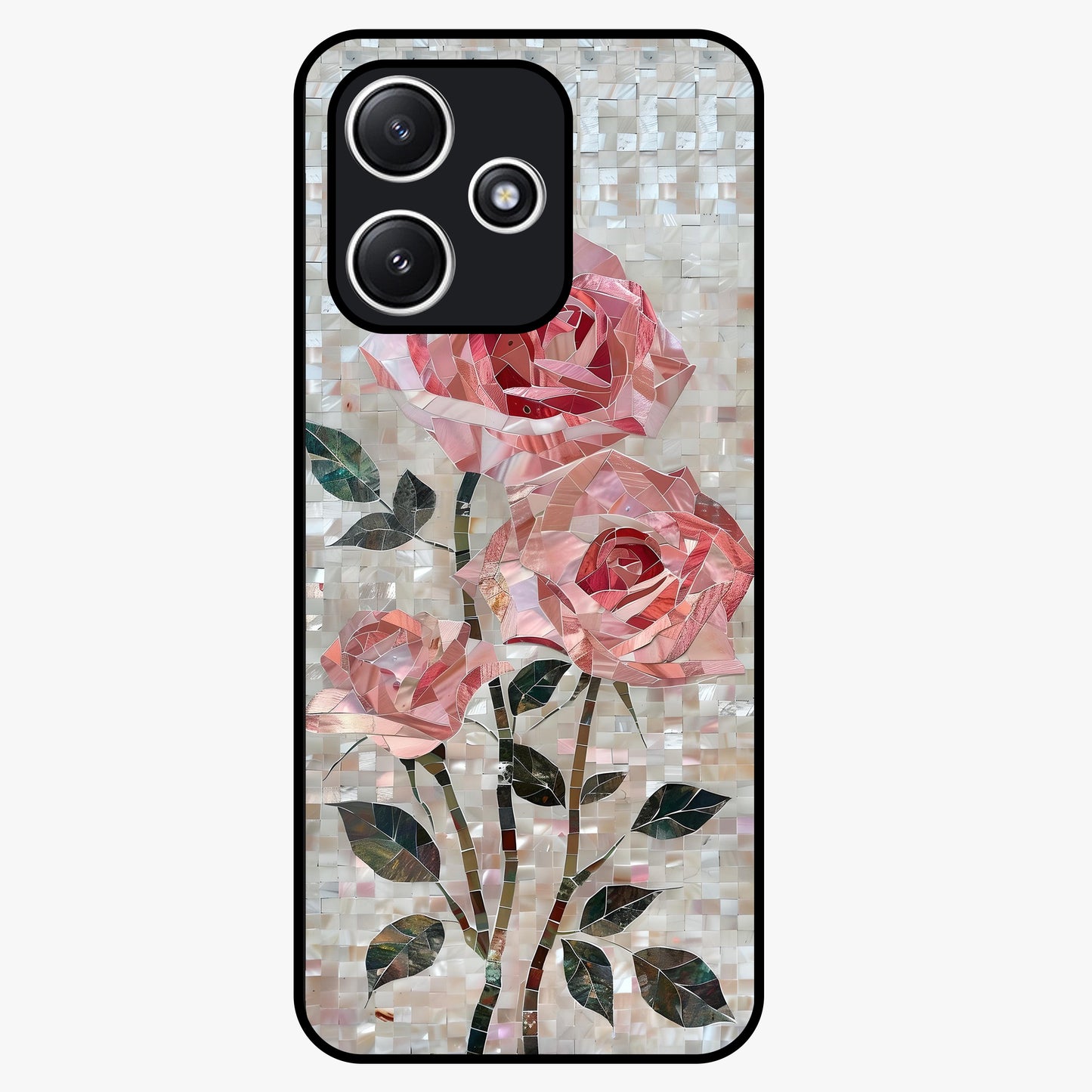 Blush Mosaic Bloom Glass Case showing flat back view with mosaic floral bloom artwork and glossy glass finish.