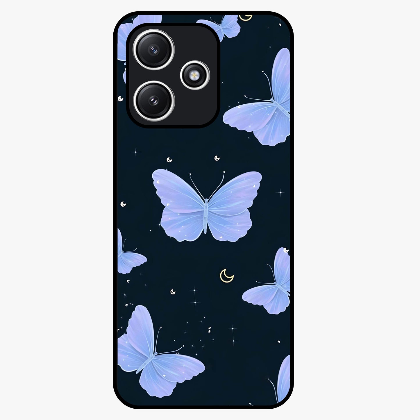Butterfly With Stars Pattern Glass Case showing flat back view with butterfly and star pattern artwork and glossy glass finish.