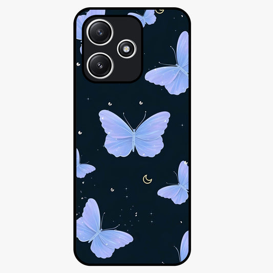 Butterfly With Stars Pattern Glass Case showing flat back view with butterfly and star pattern artwork and glossy glass finish.