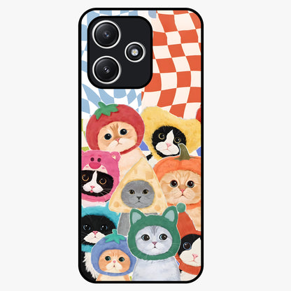 Cats in Fruits Glass Case showing flat back view with playful cat illustrations inside fruit artwork and glossy glass finish.