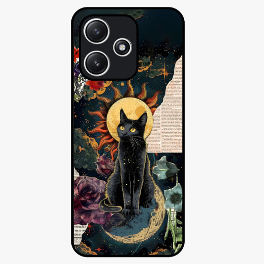 Celestial Black Cat Glass Case showing flat back view with mystical black cat artwork and glossy glass finish.