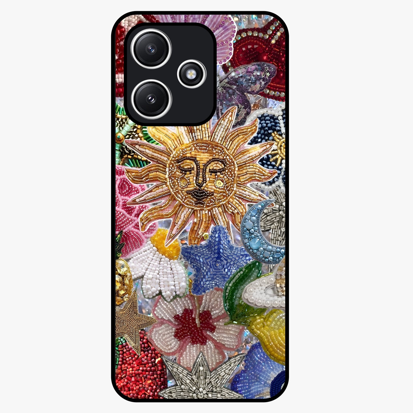 Celestial Floral and Playful Glass Case showing flat back view with floral and celestial themed artwork and glossy glass finish.