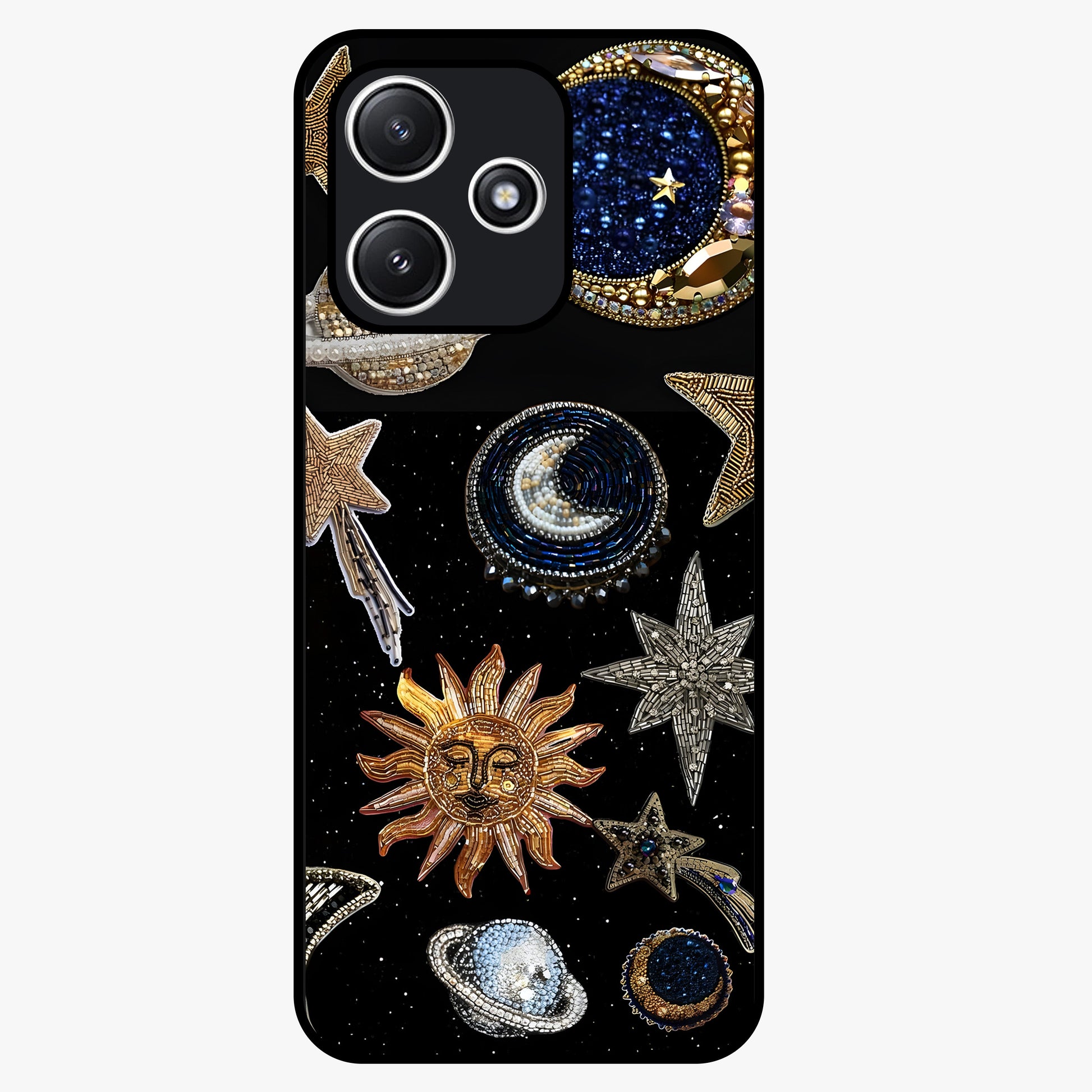 Celestial Gem Constellations Glass Case showing flat back view with sparkling constellation artwork and glossy glass finish.