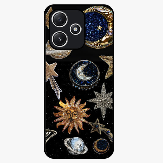 Celestial Gem Constellations Glass Case showing flat back view with sparkling constellation artwork and glossy glass finish.