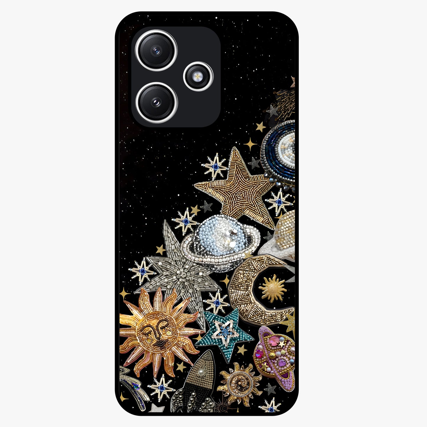 Cosmic Sparkle Dreams Glass Case showing flat back view with sparkling cosmic artwork and glossy glass finish.