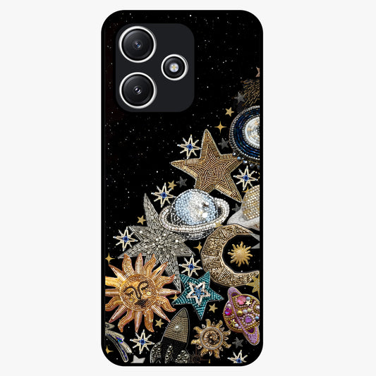 Cosmic Sparkle Dreams Glass Case showing flat back view with sparkling cosmic artwork and glossy glass finish.