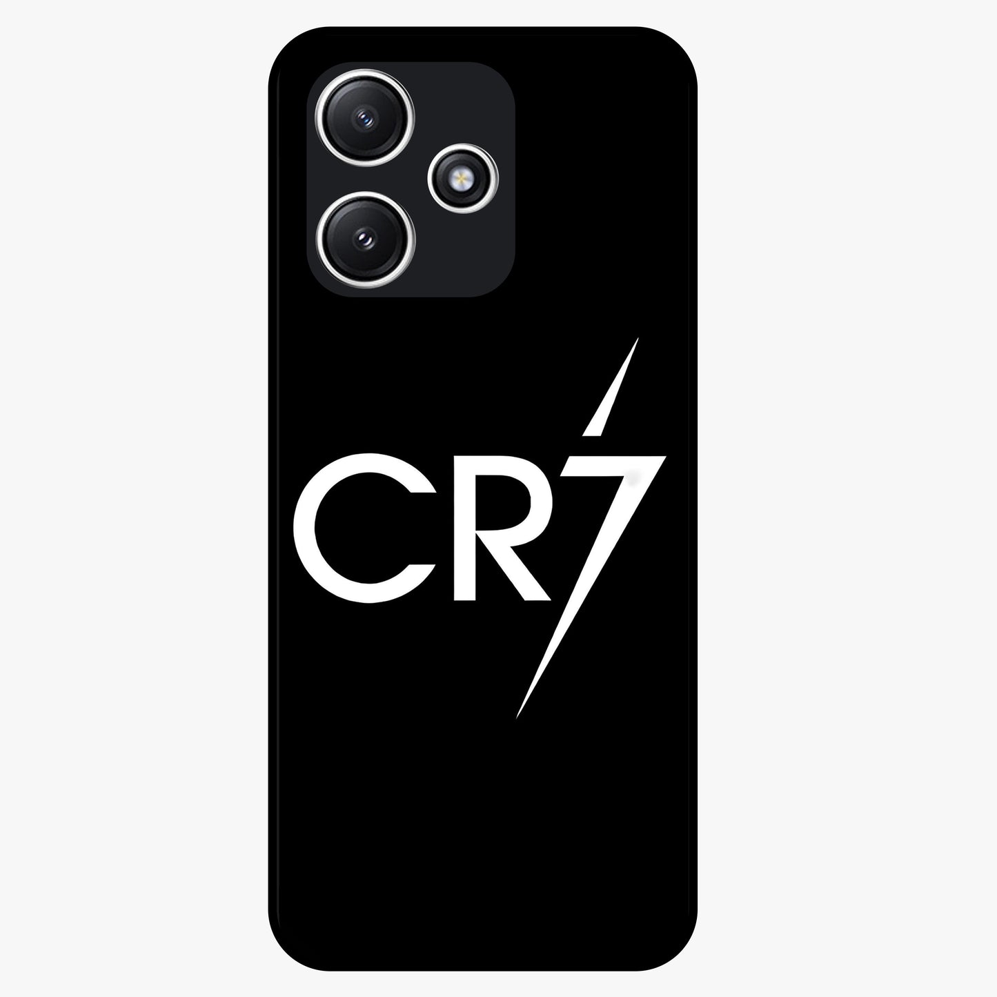 Cr7 Elite Strike Glass Case showing flat back view with dynamic football inspired artwork and glossy glass finish.
