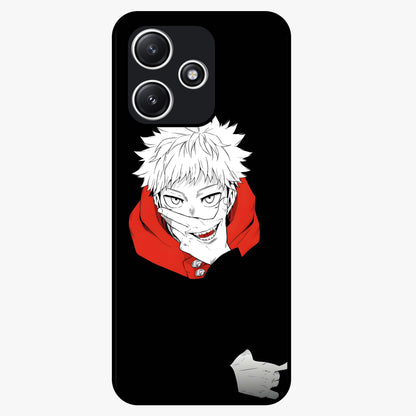 Crimson Chaos Smile Glass Case showing flat back view with bold chaotic smile artwork and glossy glass finish.