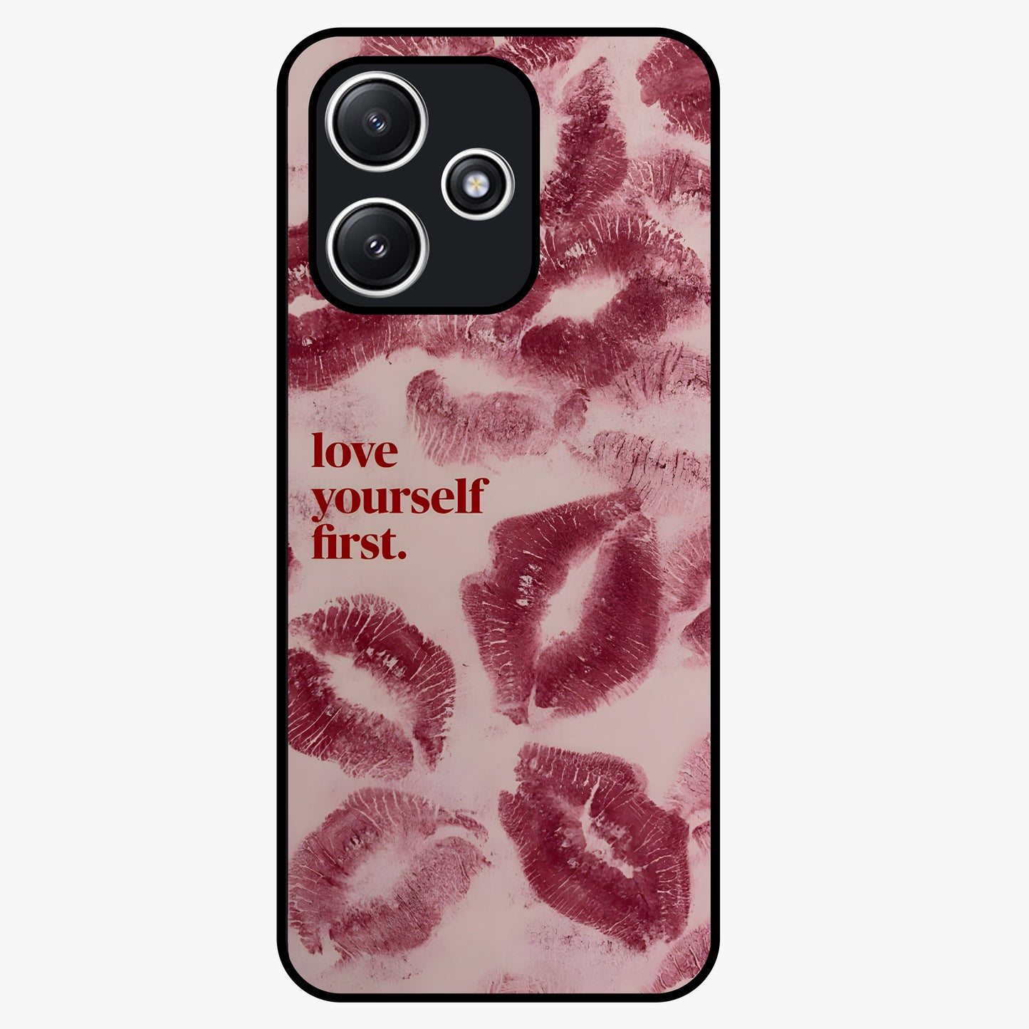 Crimson Kiss Love Glass Case showing flat back view with romantic crimson themed artwork and glossy glass finish.