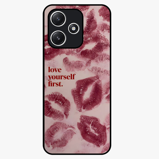 Crimson Kiss Love Glass Case showing flat back view with romantic crimson themed artwork and glossy glass finish.