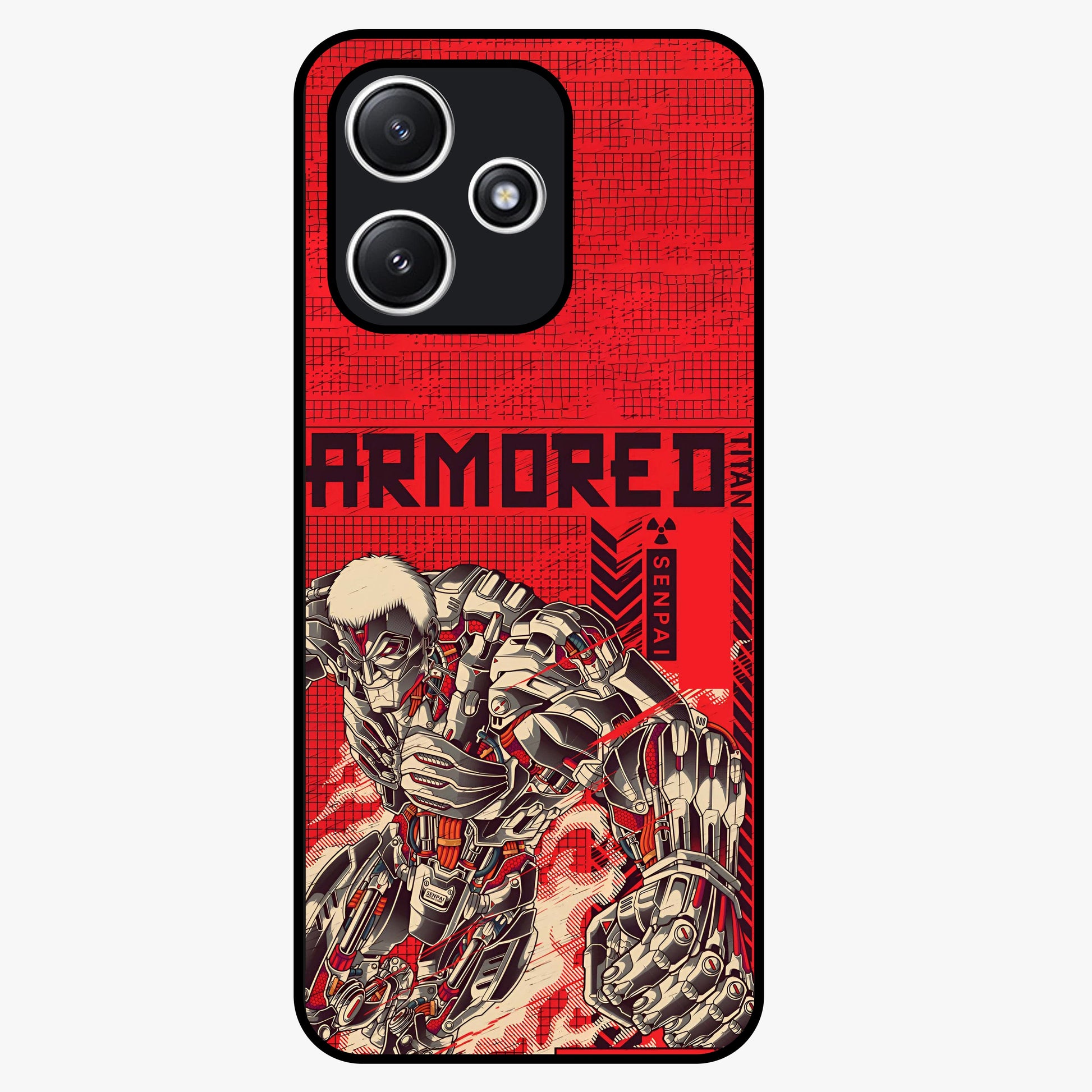 Crimson Mecha Titan Glass Case showing flat back view with powerful mech titan artwork and glossy glass finish.