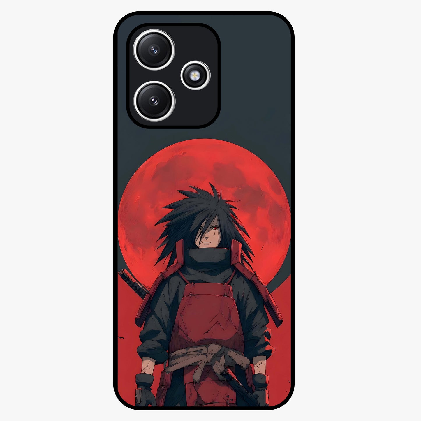 Crimson Moon Warlord Glass Case showing flat back view with mystical moon warrior artwork and glossy glass finish.
