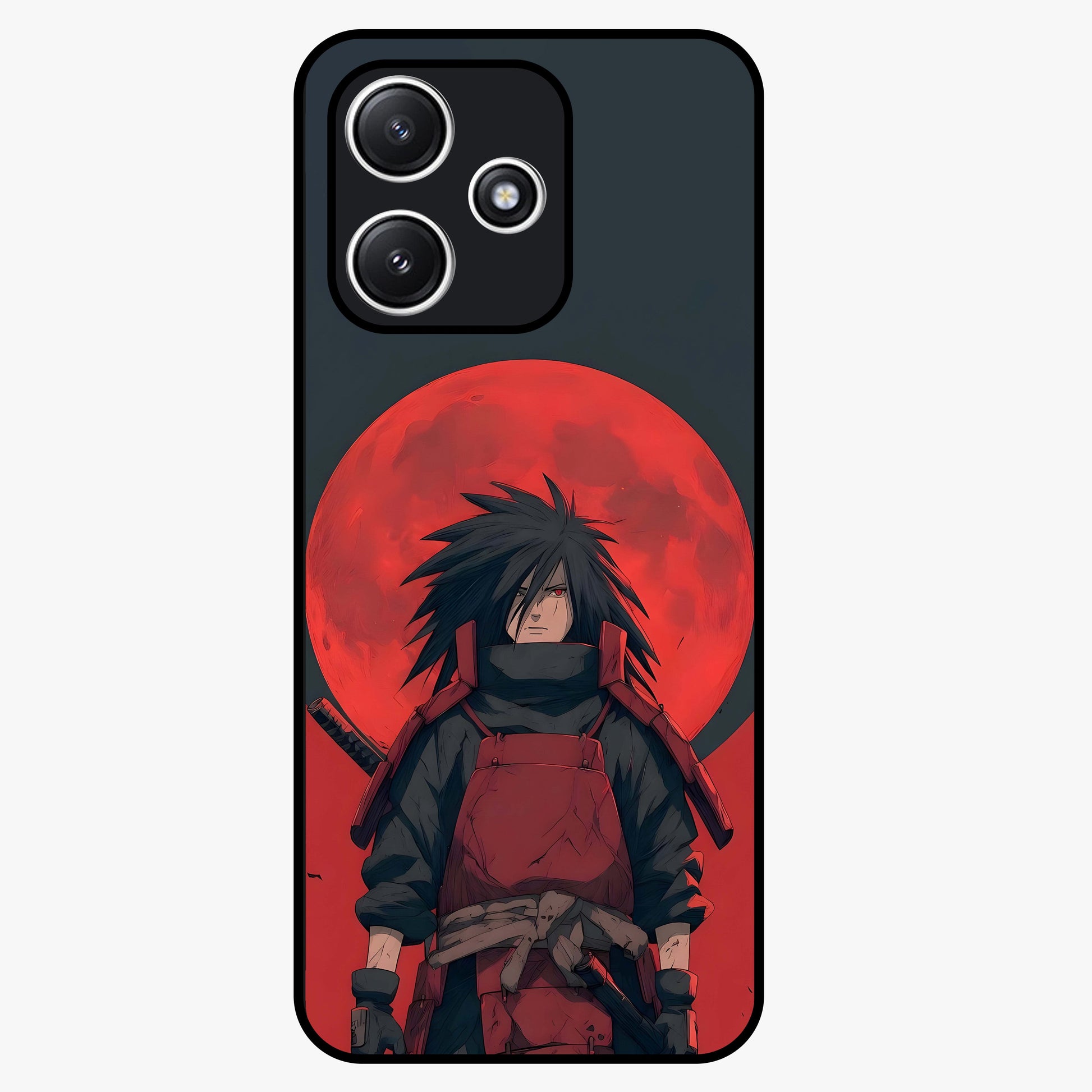 Crimson Moon Warlord Glass Case showing flat back view with mystical moon warrior artwork and glossy glass finish.