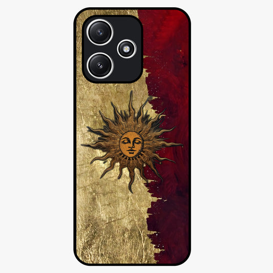 Crimson Sun Majesty Glass Case showing flat back view with radiant sun inspired artwork and glossy glass finish.