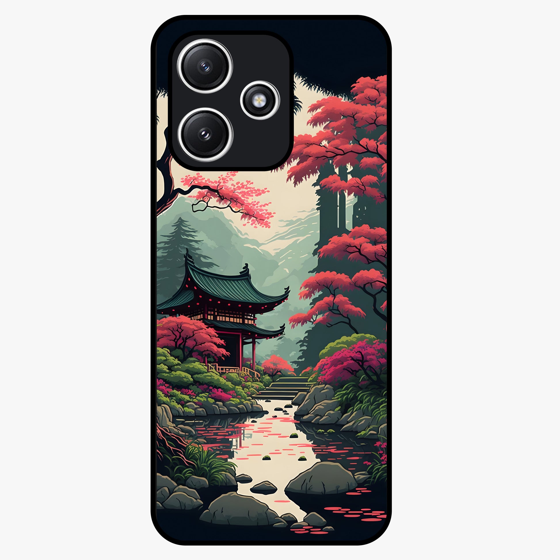 Crimson Temple View Glass Case showing flat back view with temple inspired artwork and glossy glass finish.