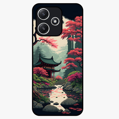 Crimson Temple View Glass Case showing flat back view with temple inspired artwork and glossy glass finish.