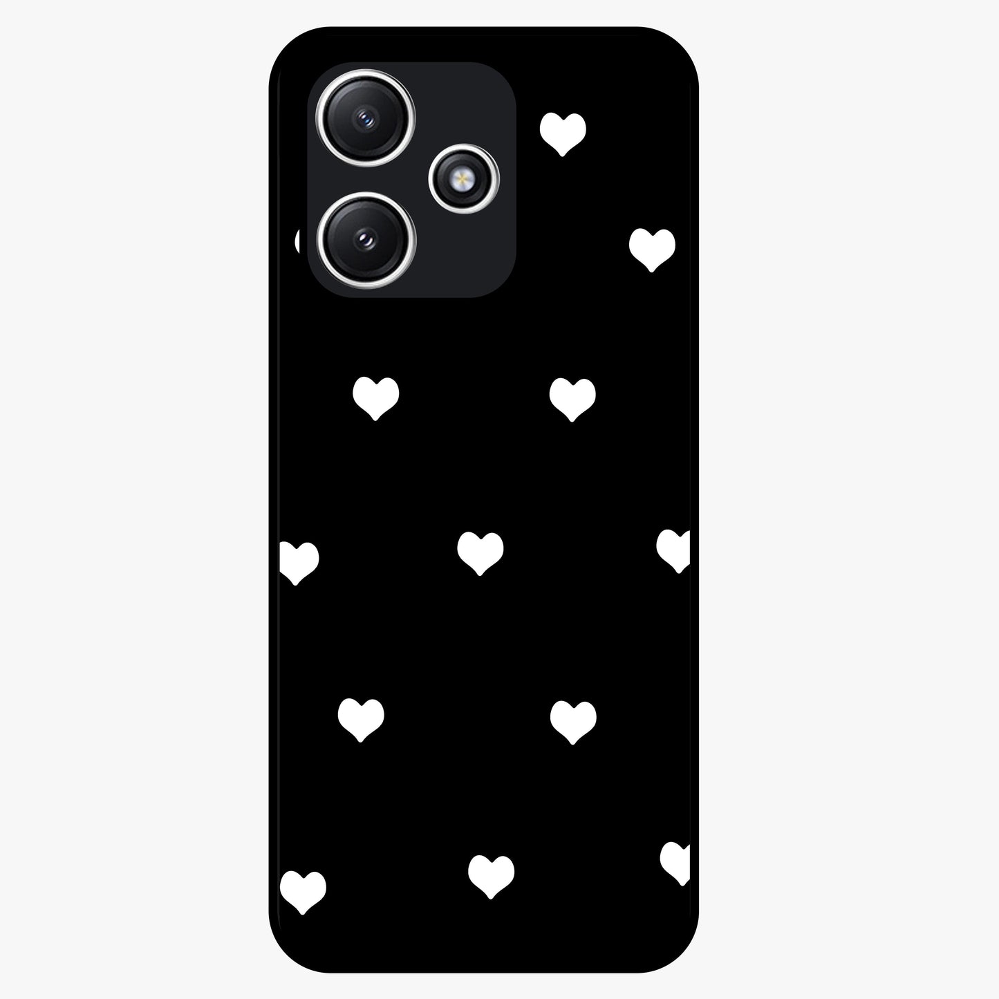Cute And Simple White Hearts Glass Case showing flat back view with minimal white heart pattern and glossy glass finish.