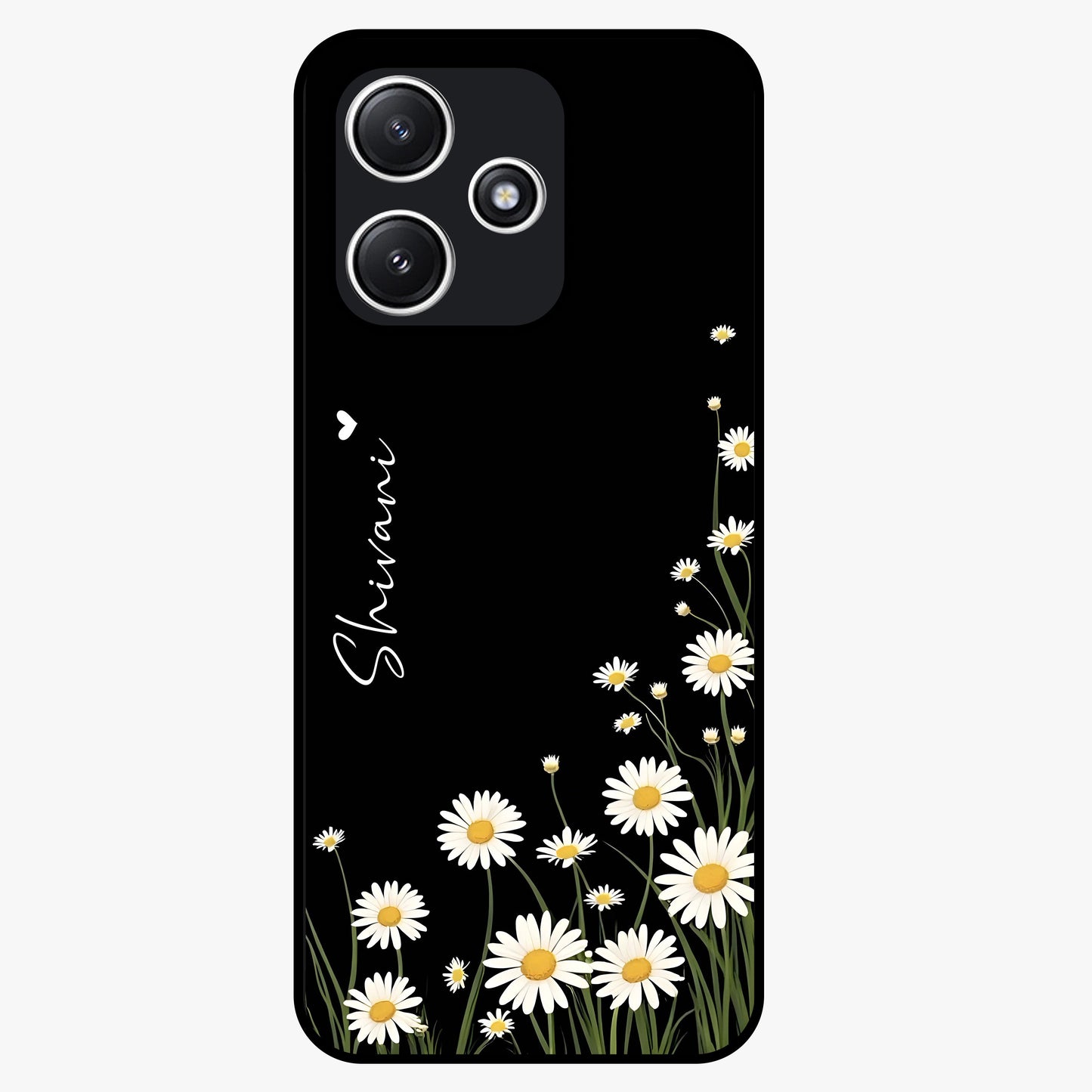 Daisy Cascade Custom Name Glass Case showing flat back view with cascading daisy flowers and personalized name design.