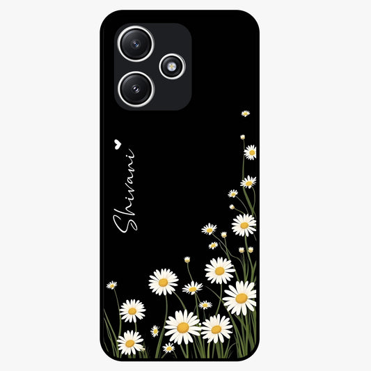 Daisy Cascade Custom Name Glass Case showing flat back view with cascading daisy flowers and personalized name design.