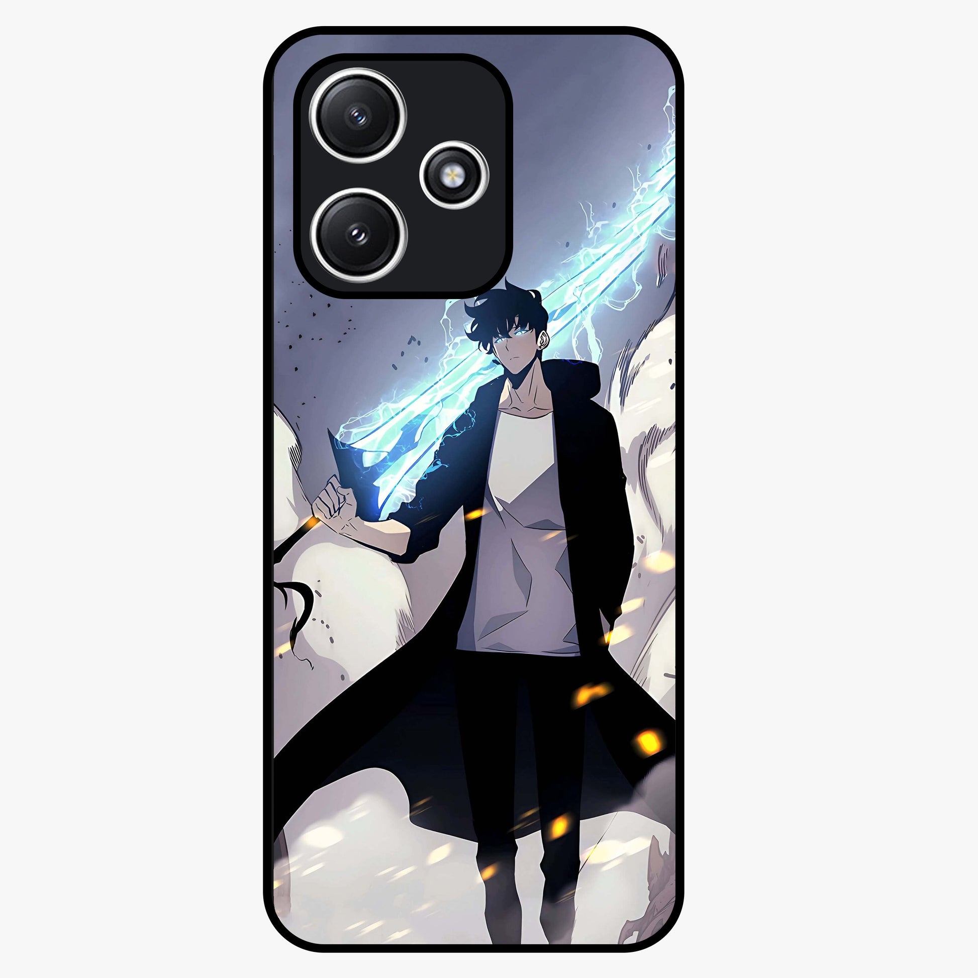Dark Lightning Anime Warrior Glass Case showing flat back view with intense anime warrior artwork and glossy glass finish.