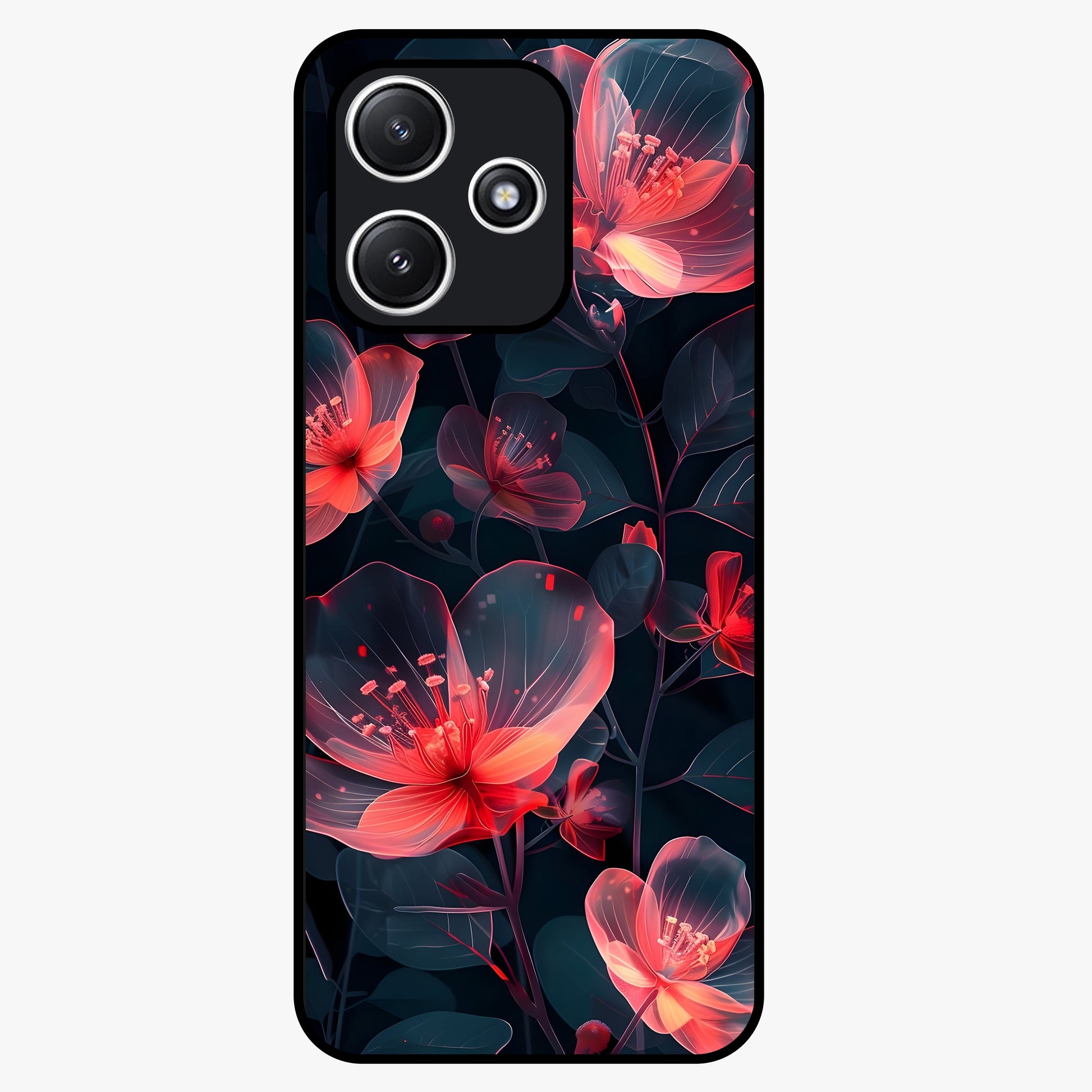 Dark Shade of Flower Glass Case showing flat back view with elegant dark floral artwork and glossy glass finish.