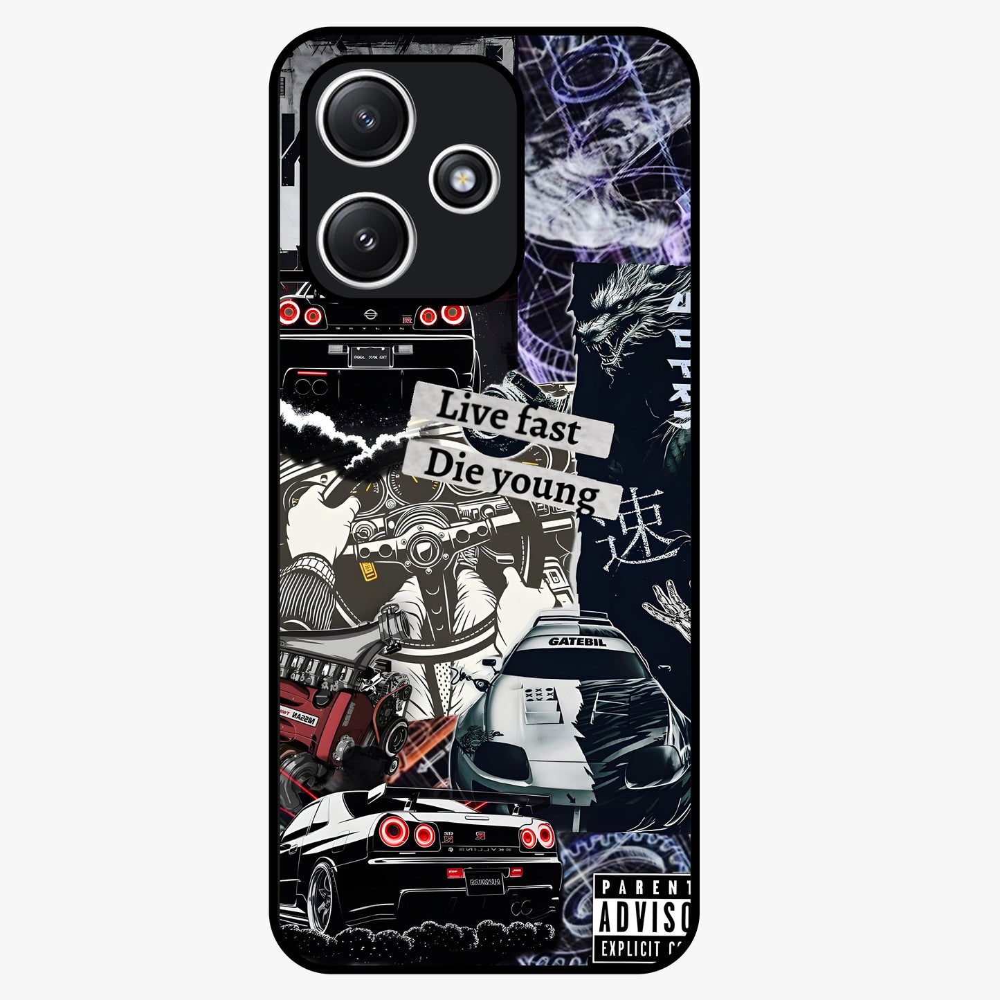 Die Young Glass Case showing flat back view with bold artistic typography design and glossy glass finish.