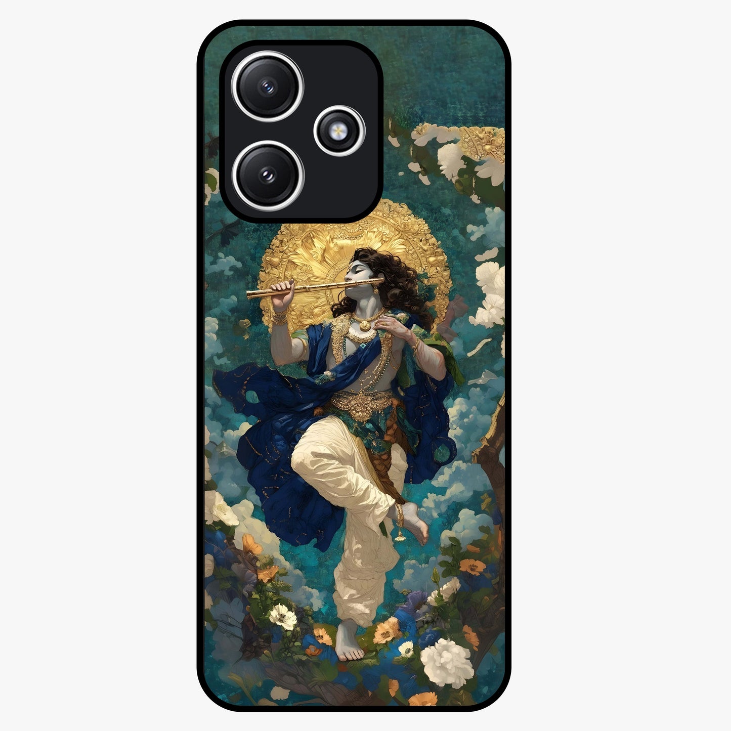 Divine Krishna Art Glass Case showing flat back view with Lord Krishna artwork and glossy glass finish.