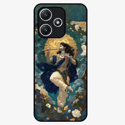 Divine Krishna Art Glass Case showing flat back view with Lord Krishna artwork and glossy glass finish.