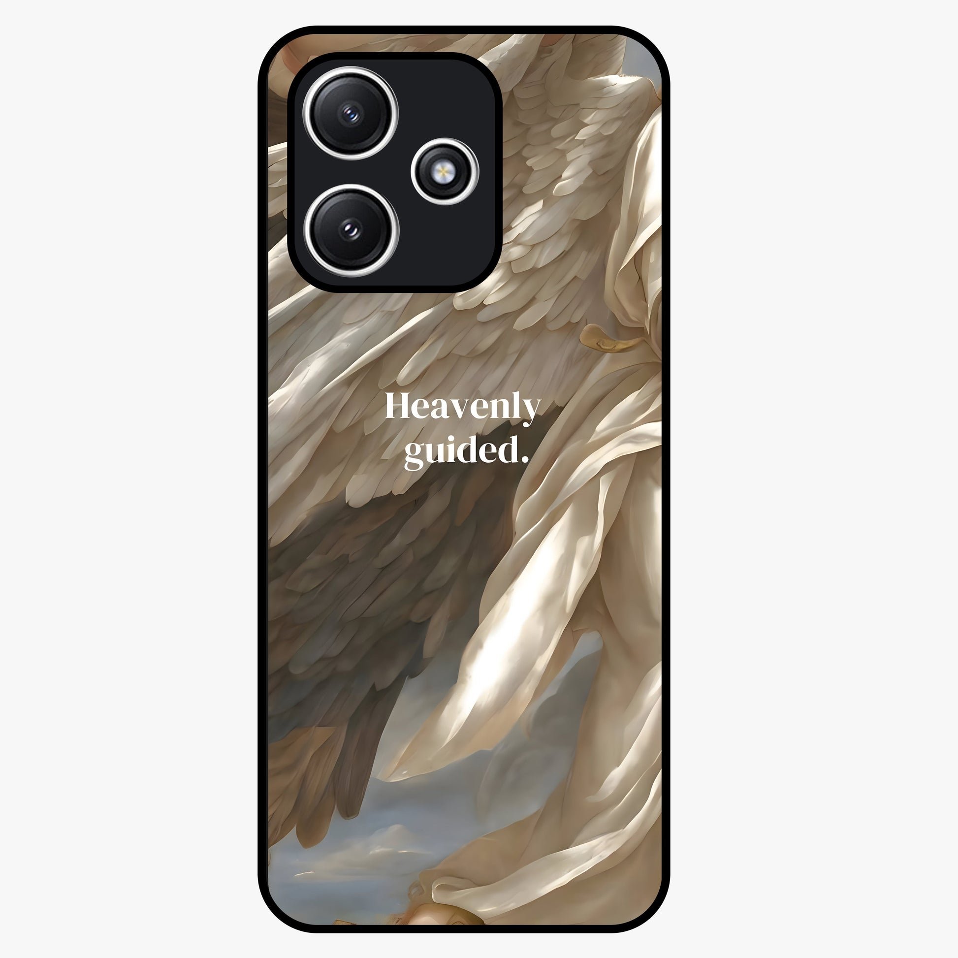 Divine Winged Grace Glass Case showing flat back view with elegant wing inspired artwork and glossy glass finish.
