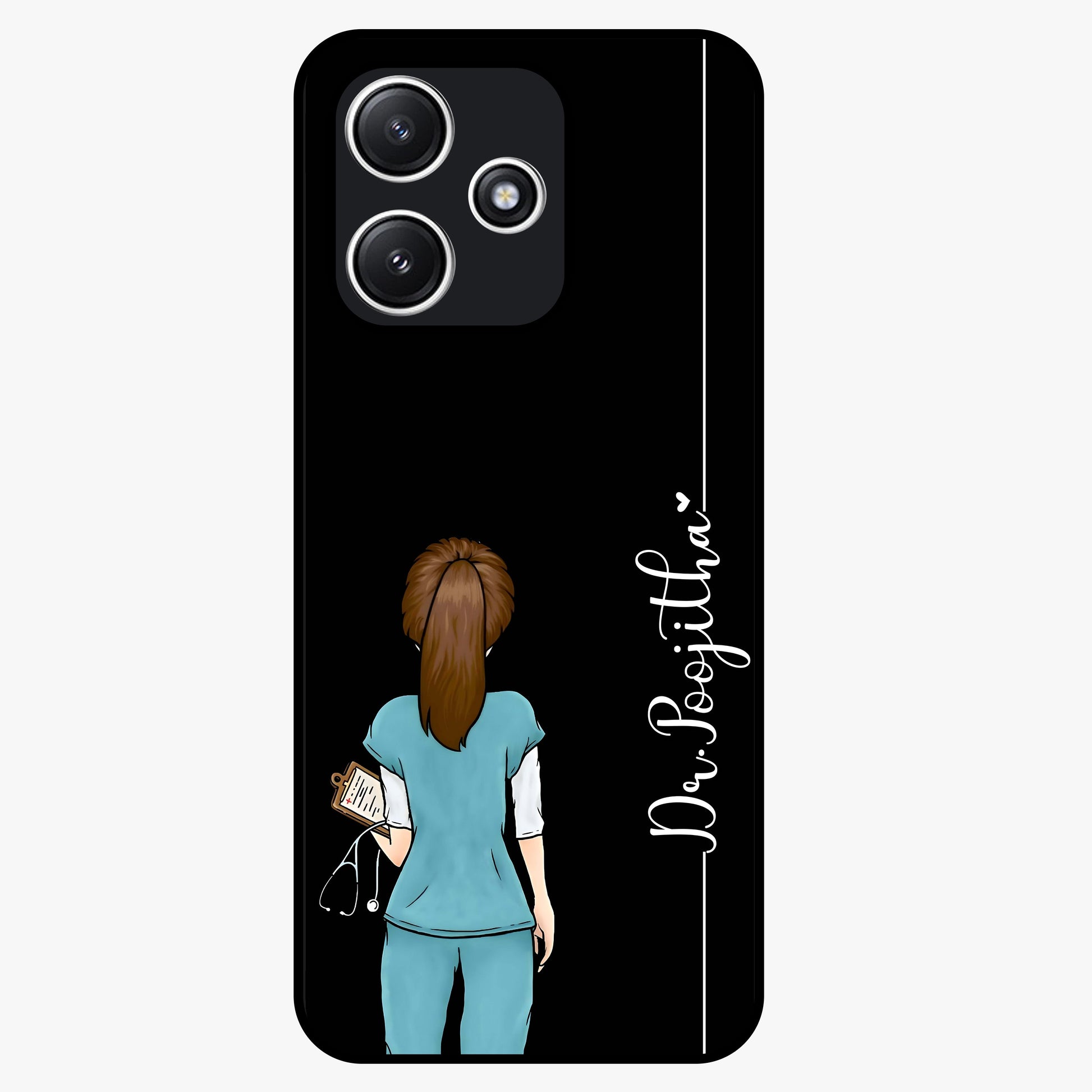 Doctor Pattern Custom Name Glass Case showing flat back view with medical themed pattern and personalized name design.