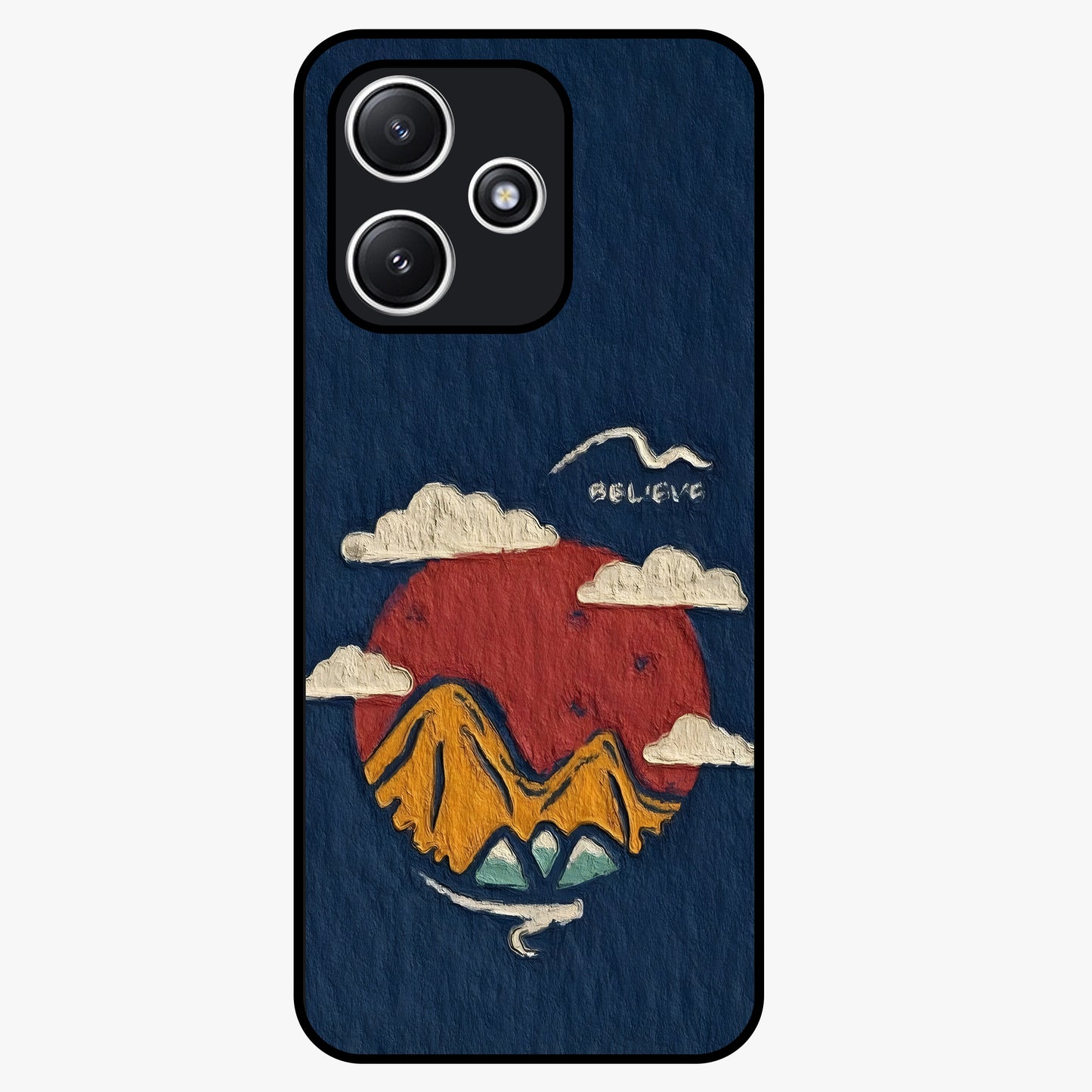 Dream Beyond Mountains Glass Case showing flat back view with scenic mountain landscape artwork and glossy glass finish.