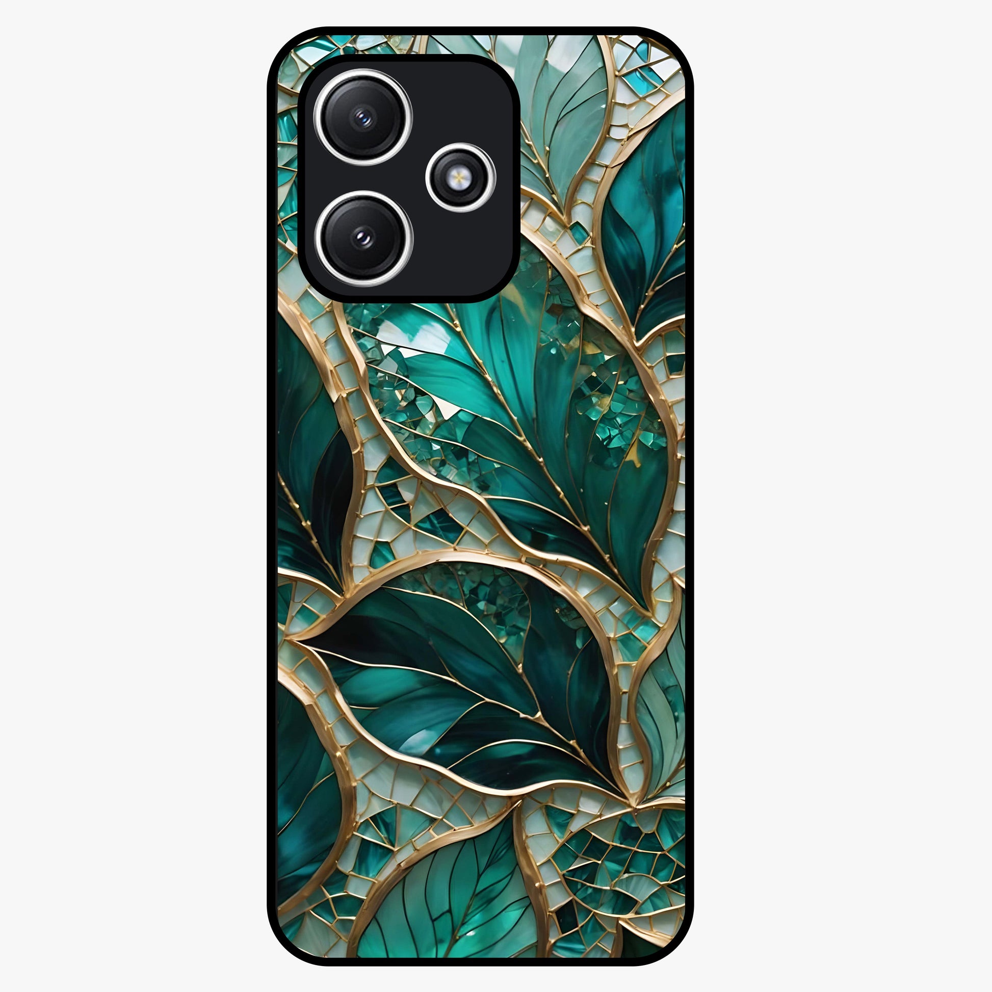 Emerald Leaf Glass Glass Case showing flat back view with emerald green leaf artwork and glossy glass finish.