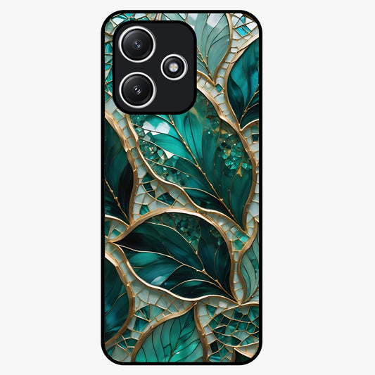 Emerald Leaf Glass Glass Case showing flat back view with emerald green leaf artwork and glossy glass finish.