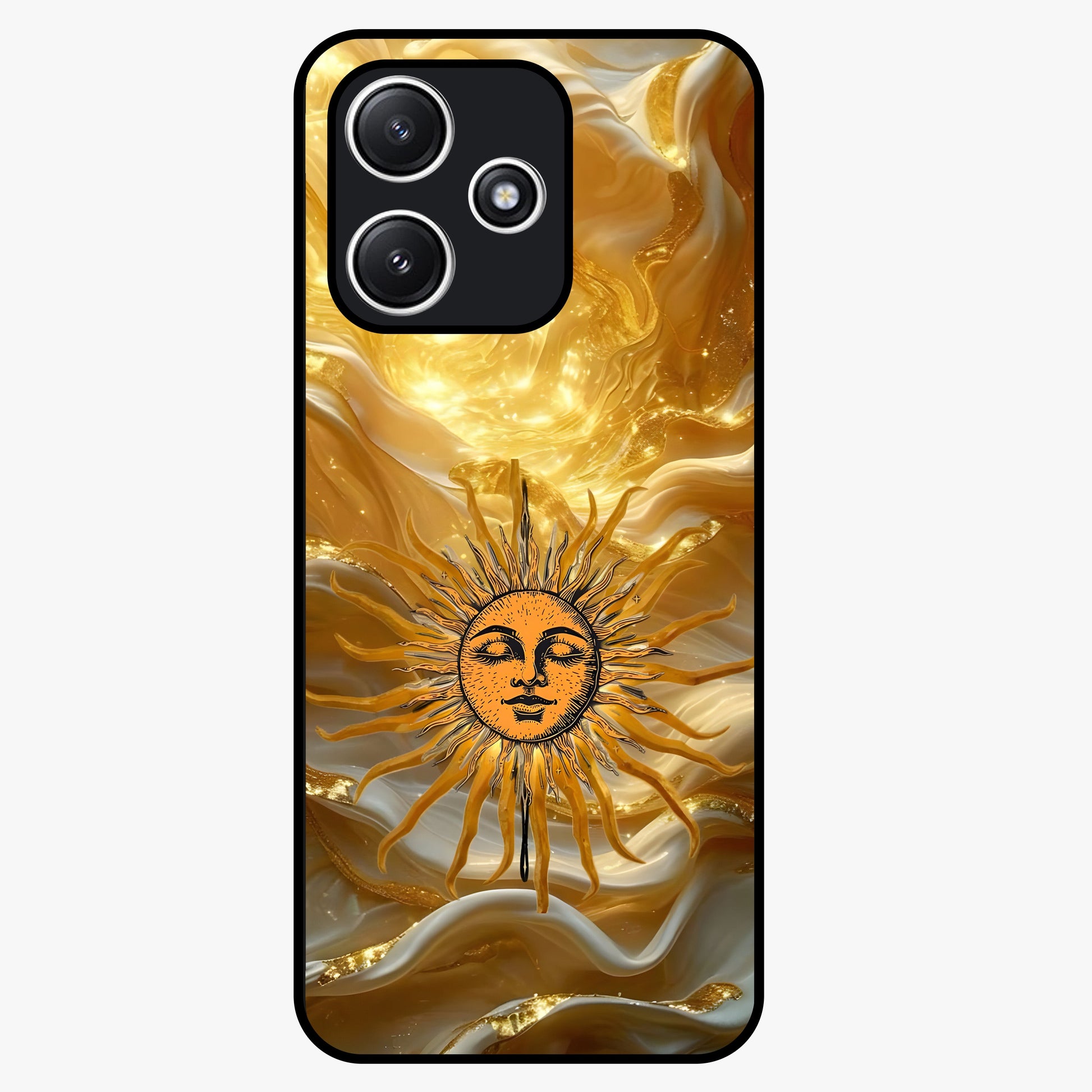 Eternal Golden Glow Glass Case showing flat back view with radiant golden themed artwork and glossy glass finish.