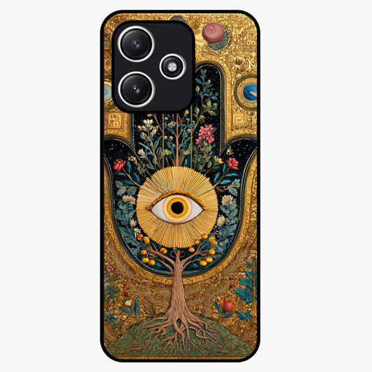 Ethereal Evil Eye Glass Case showing flat back view with mystical evil eye artwork and glossy glass finish.