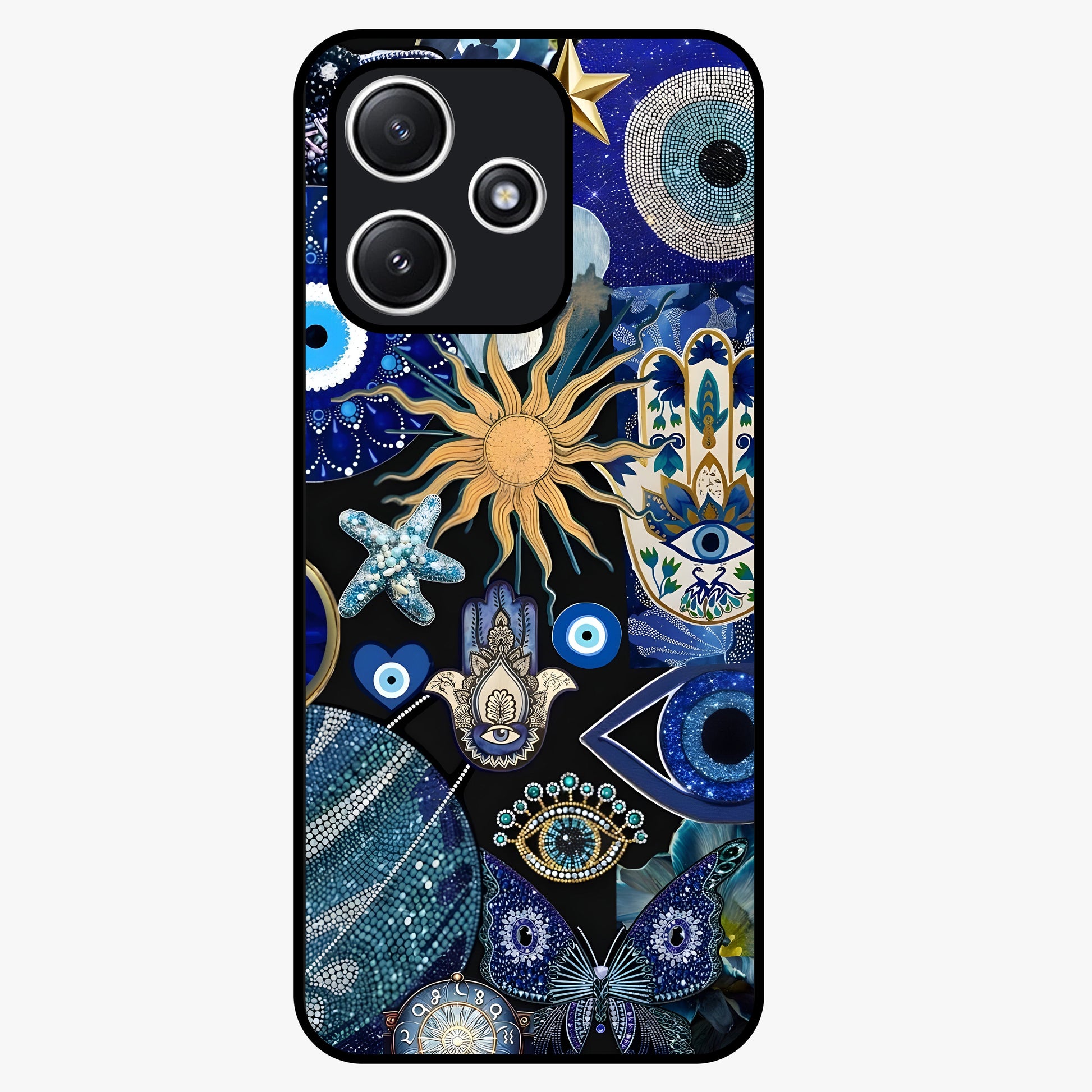 Evil Eye Charm Mix Glass Case showing flat back view with multiple evil eye charms artwork and glossy glass finish.