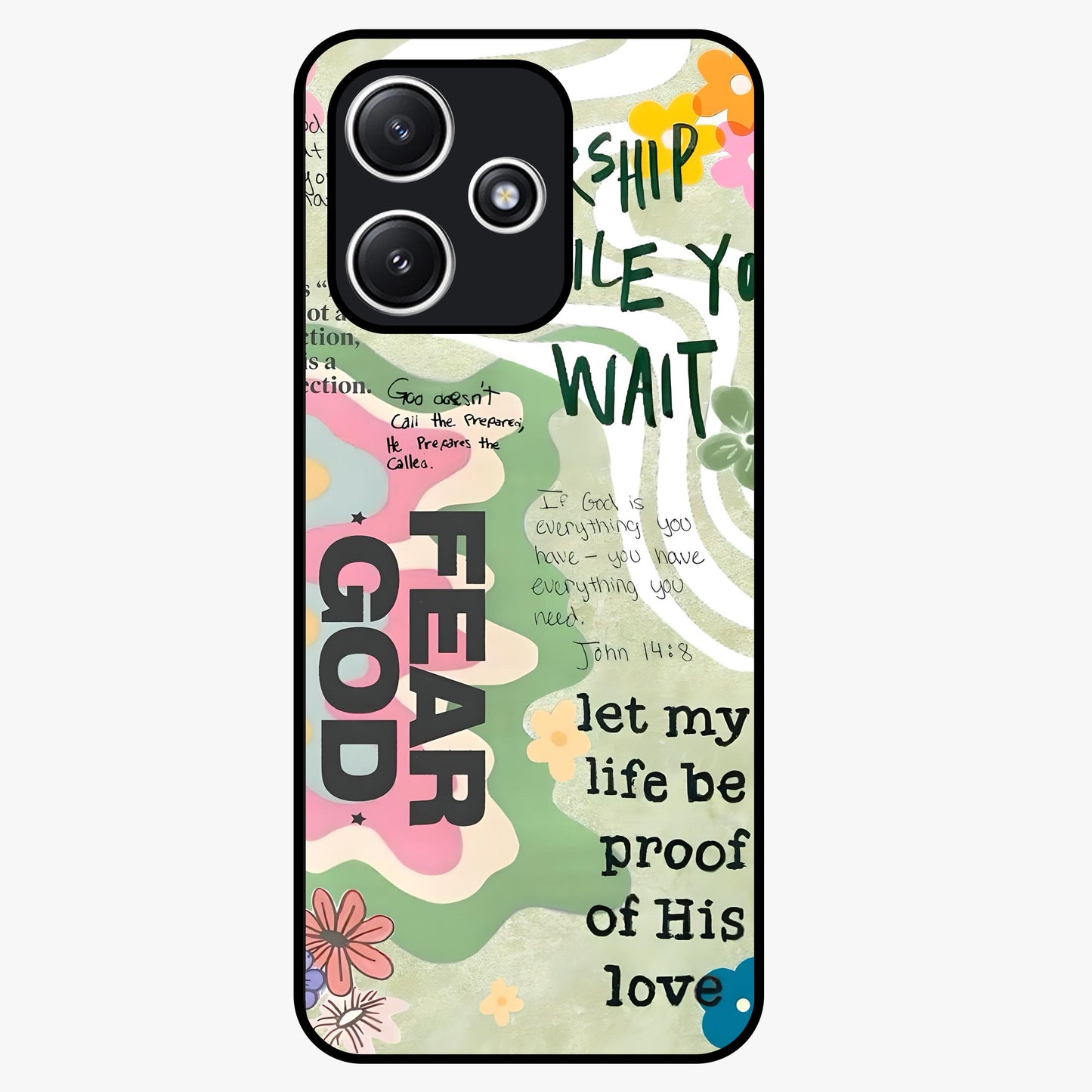 Faith Over Fear Glass Case showing flat back view with motivational typography artwork and glossy glass finish.