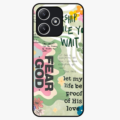 Faith Over Fear Glass Case showing flat back view with motivational typography artwork and glossy glass finish.