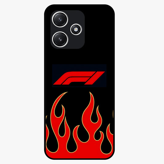 Fire F11 Glass Case showing flat back view with fiery themed artwork and glossy glass finish.