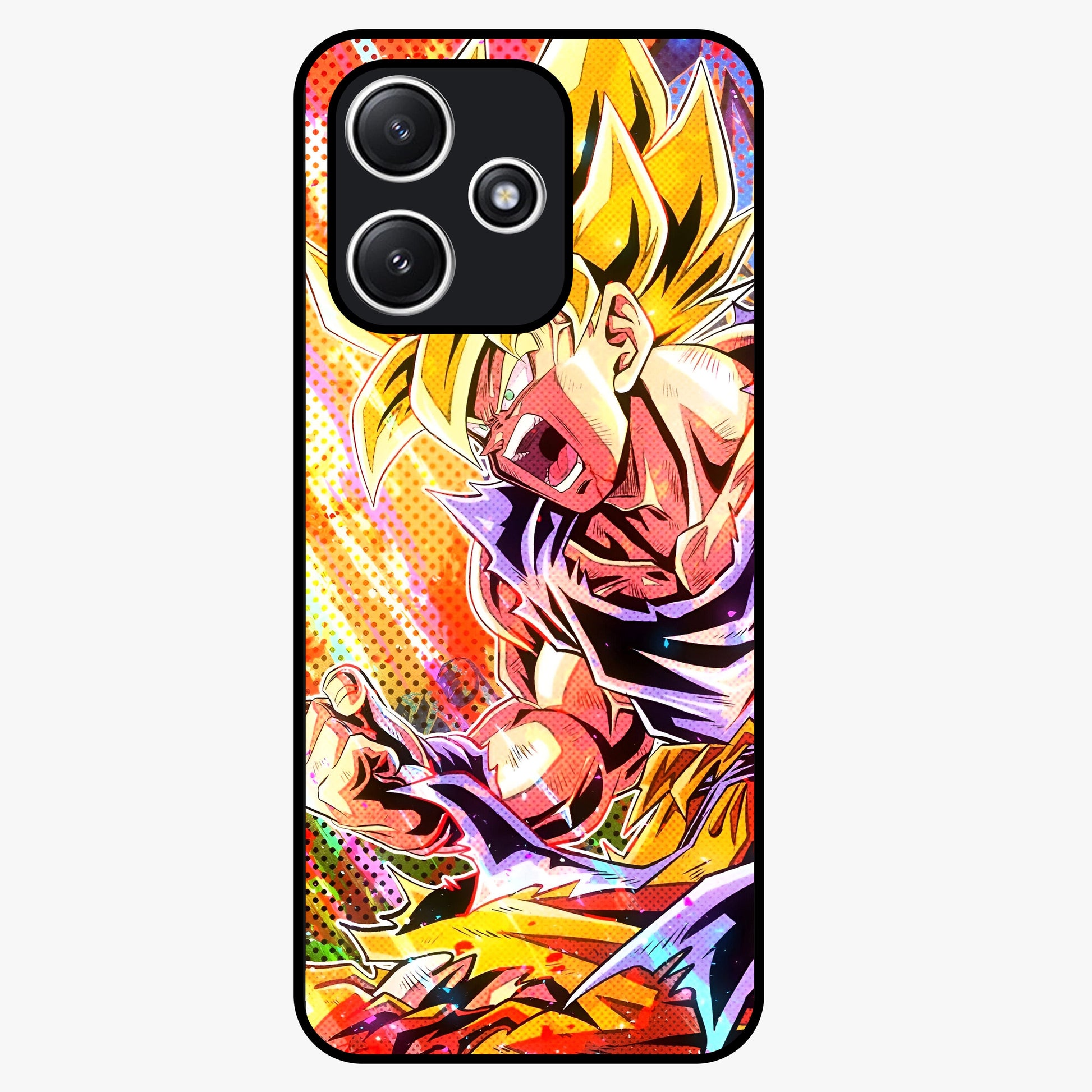 Firing Goku Glass Case showing flat back view with powerful anime inspired artwork and glossy glass finish.