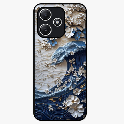 Floral Wave Origami Glass Case showing flat back view with origami inspired floral wave artwork and glossy glass finish.