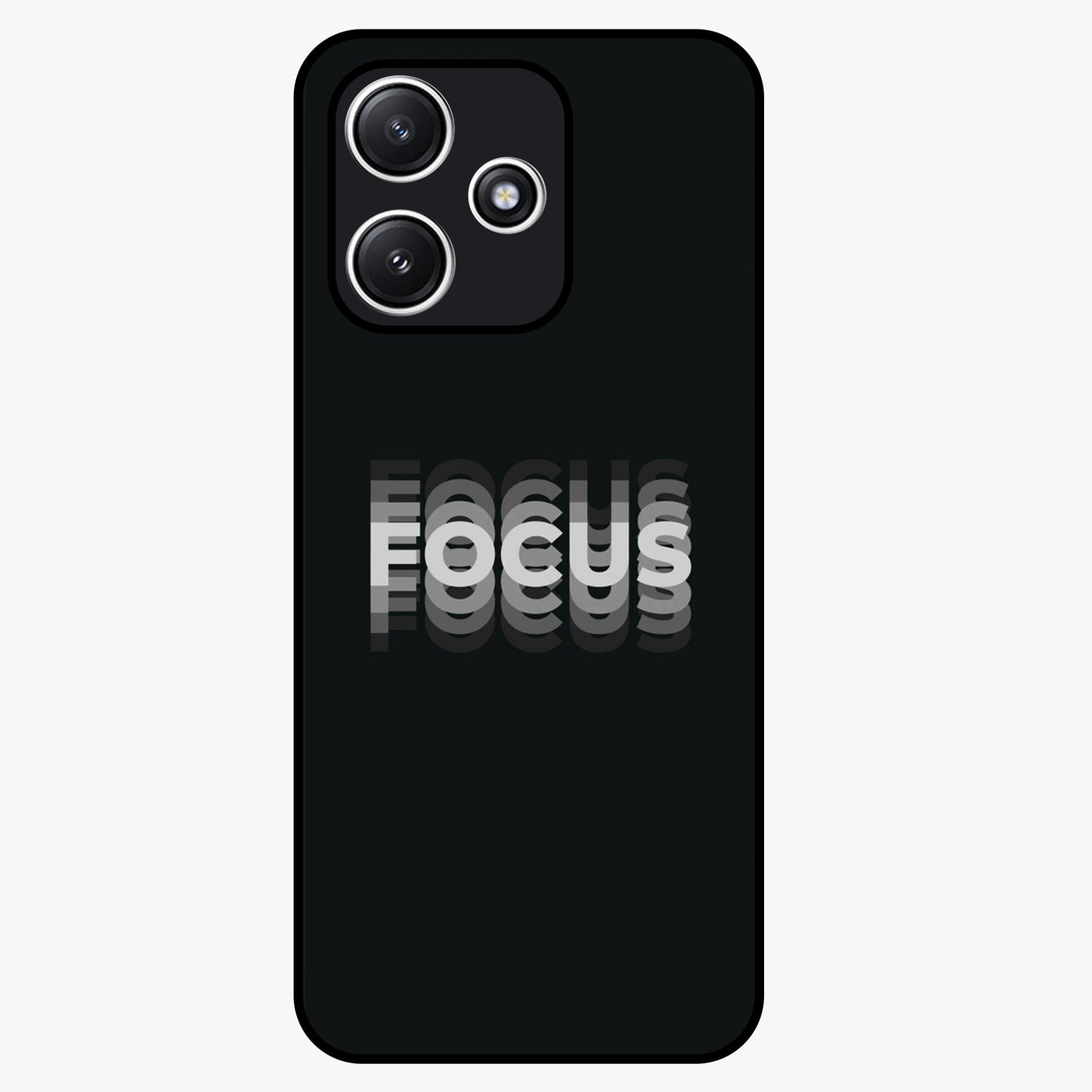 Focus Mode On Glass Case showing flat back view with bold motivational typography design and glossy glass finish.
