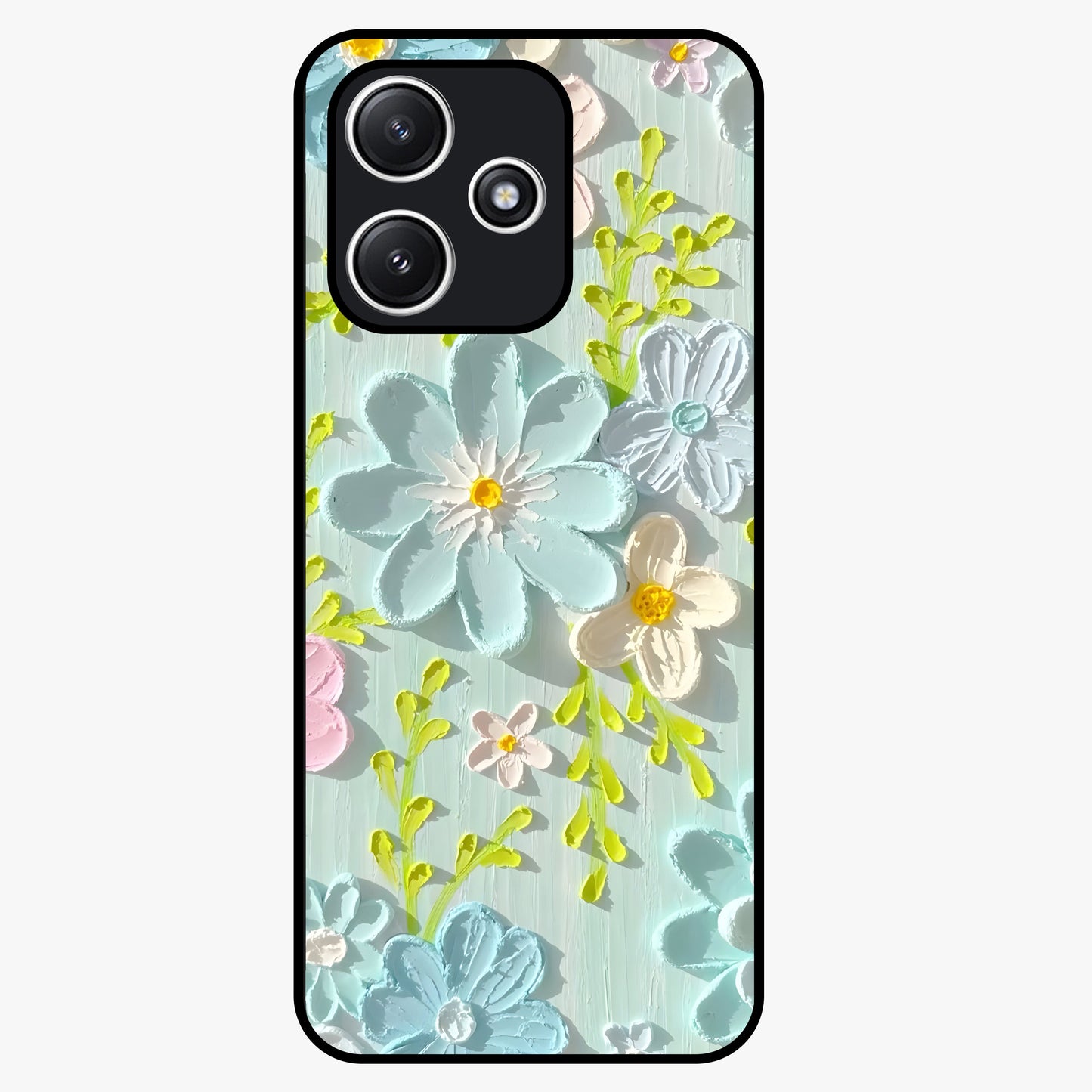 Frosted Petal Garden Glass Case showing flat back view with soft frosted floral artwork and glossy glass finish.