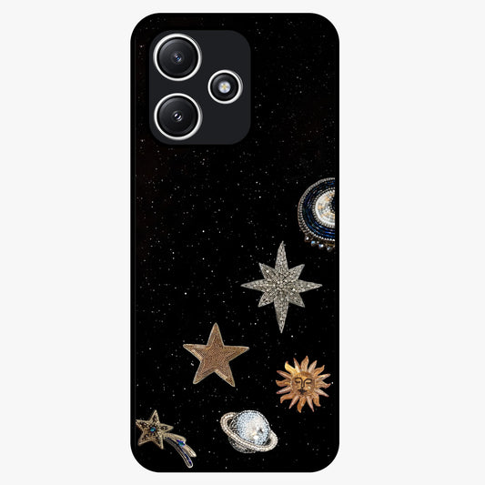 Galactic Charm Glow Glass Case showing flat back view with glowing celestial charm artwork and glossy glass finish.