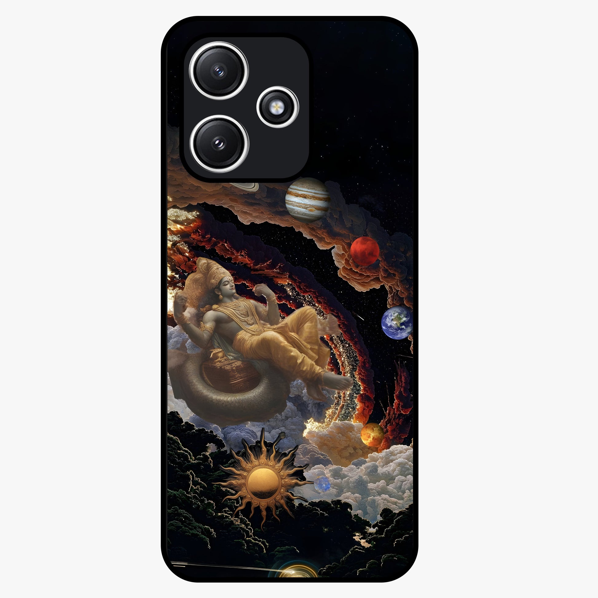 Galactic Divine God Glass Case showing flat back view with divine cosmic themed artwork and glossy glass finish.